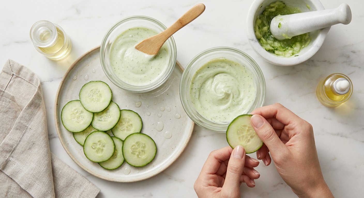 신선한 오이를 슬라이스한 모습과 팩 준비 과정