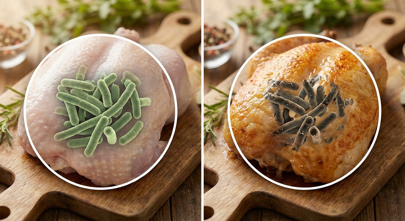 생닭 표면의 세균 현미경 사진과 열조리 후 사멸되는 모습 비교 그래픽