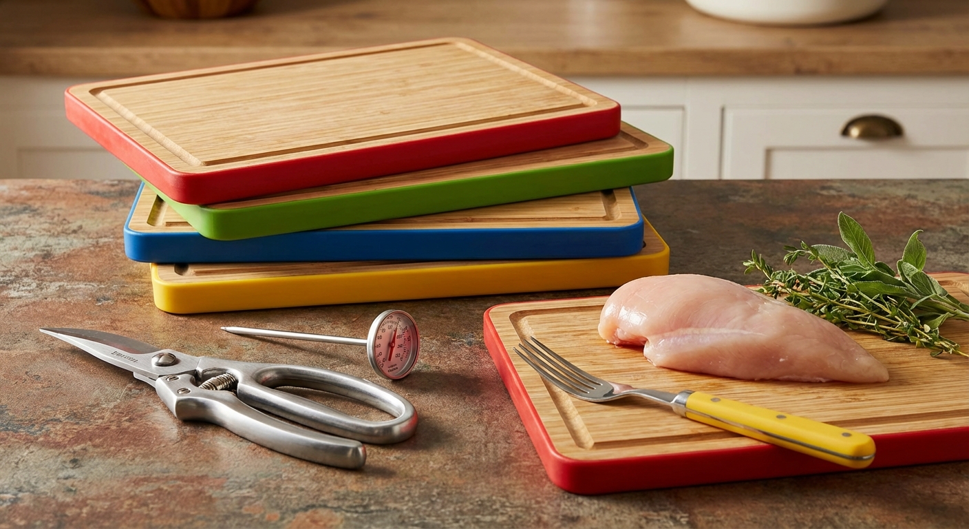 색깔별로 구분된 도마 세트와 생닭 전용 조리도구 사진