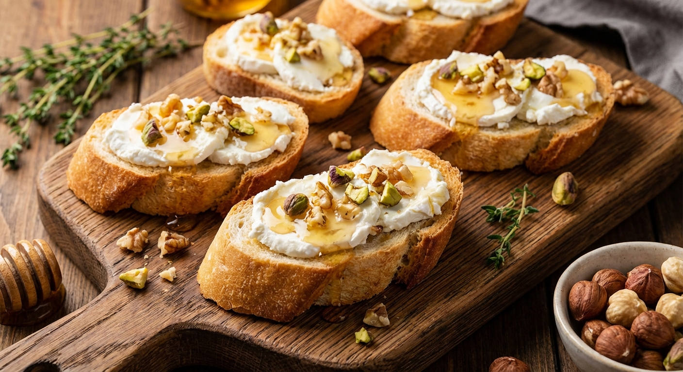 염소 치즈를 바른 바게트와 꿀, 견과류