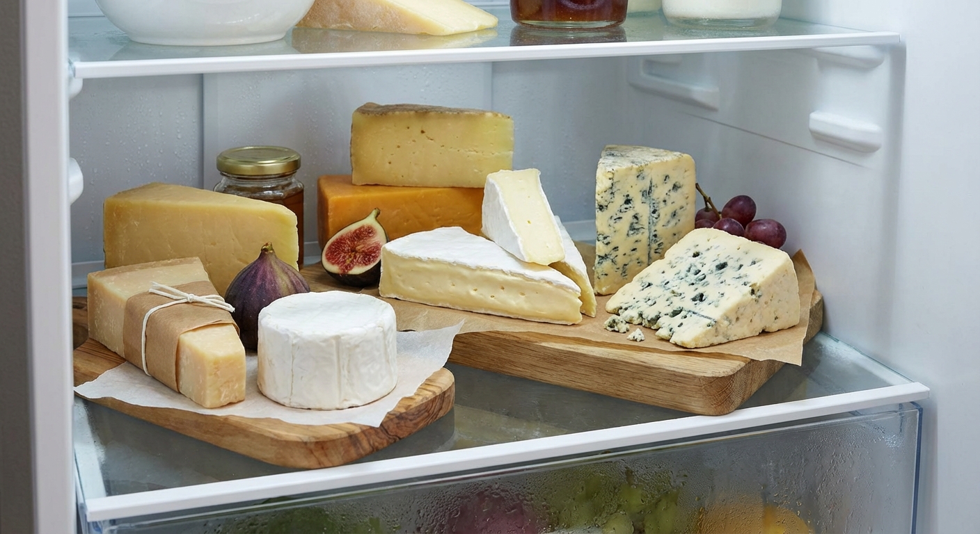 냉장고에 보관된 다양한 치즈들