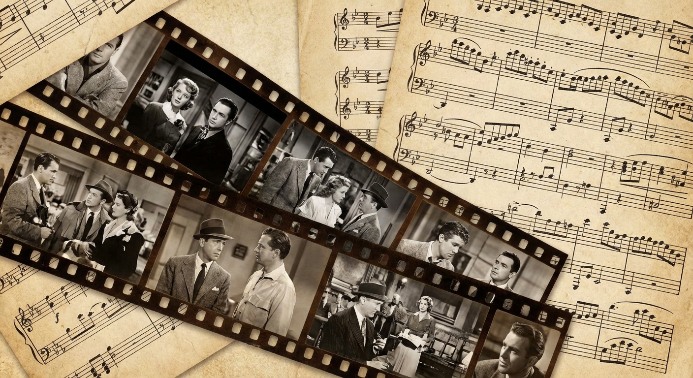 영화 장면과 악보가 함께 있는 콜라주