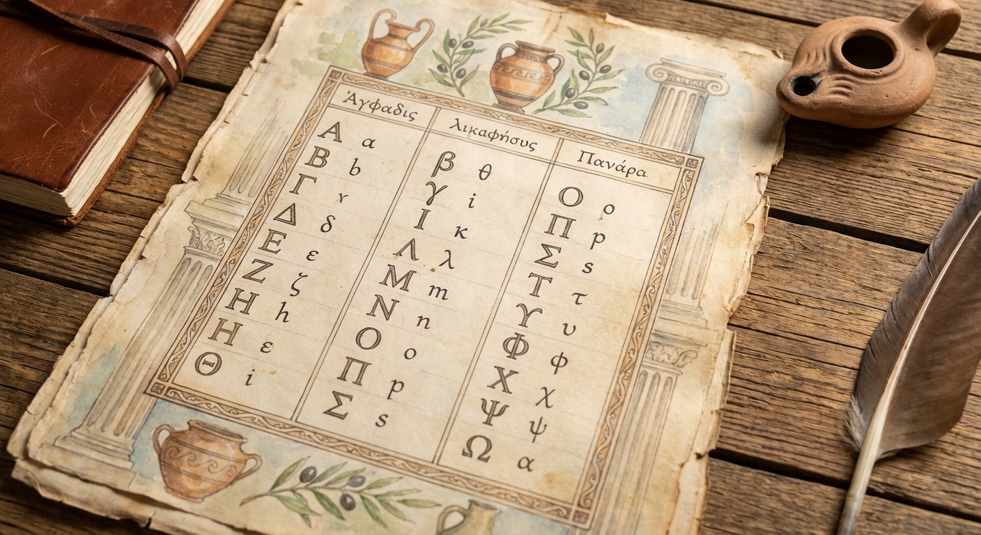 헬라어 알파벳 24자 대조표 - 대문자, 소문자, 영어 대응