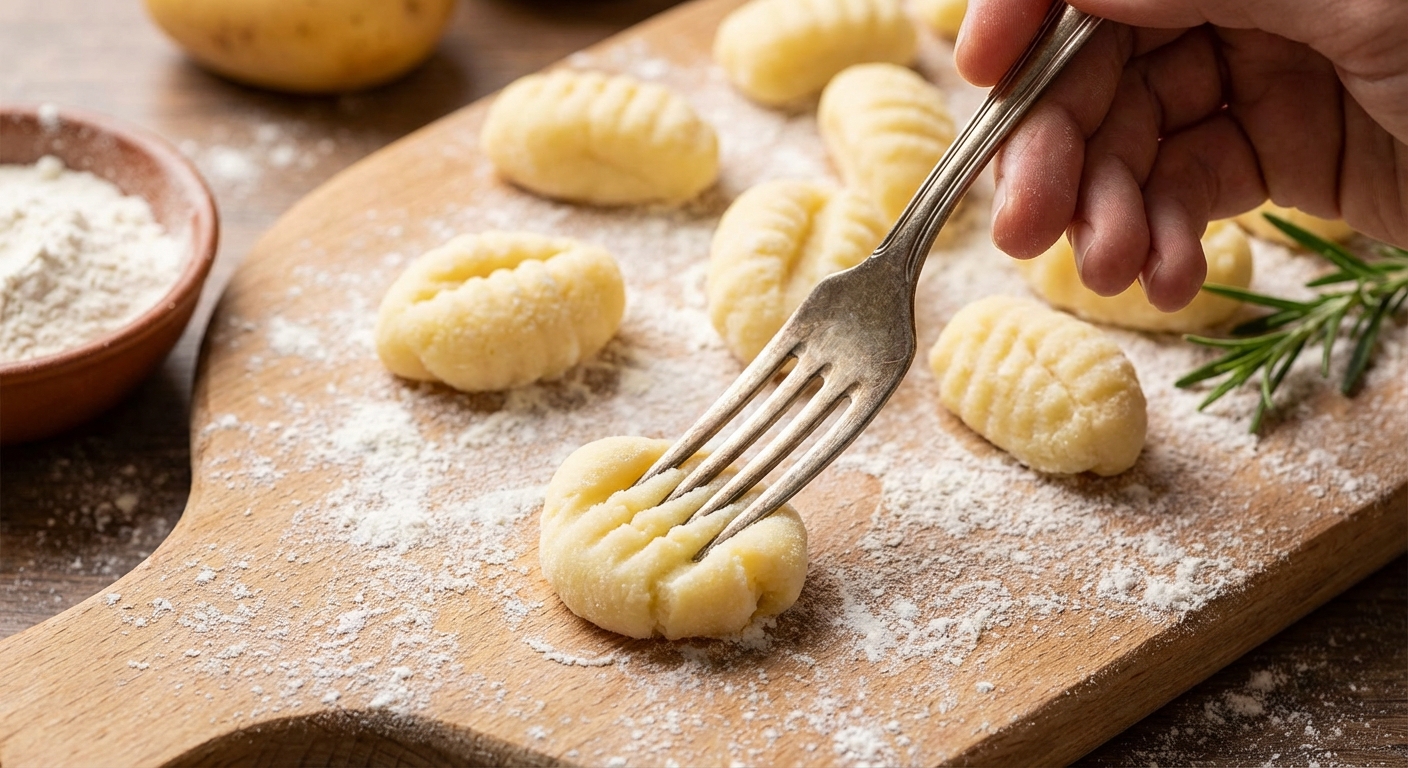 포크로 뇨끼에 홈을 내는 모습