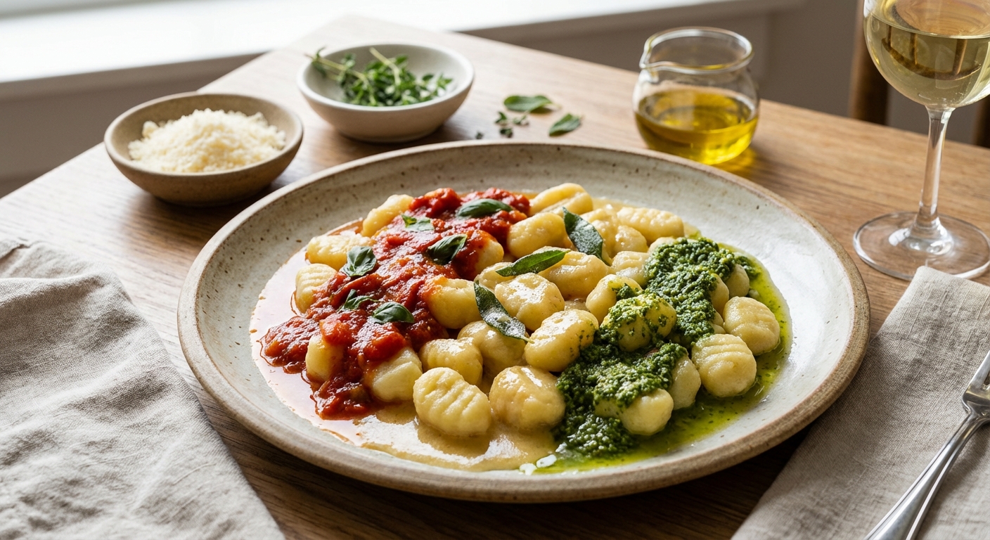 다양한 소스를 곁들인 뇨끼 플레이팅