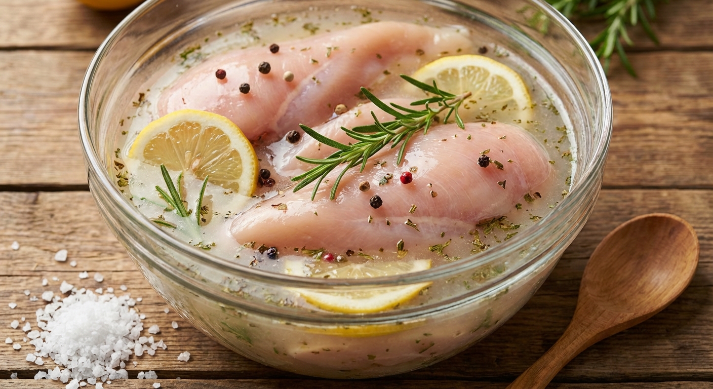 브라이닝 중인 닭가슴살과 소금물