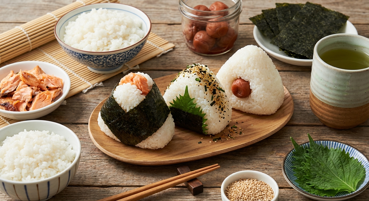 집에서 만든 오니기리와 재료들