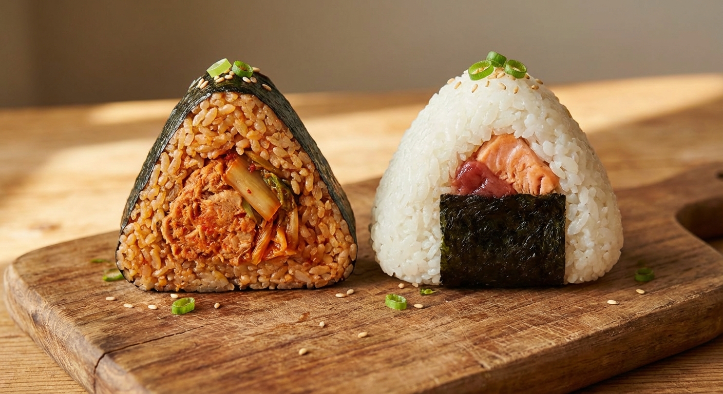 삼각김밥과 오니기리 단면 비교