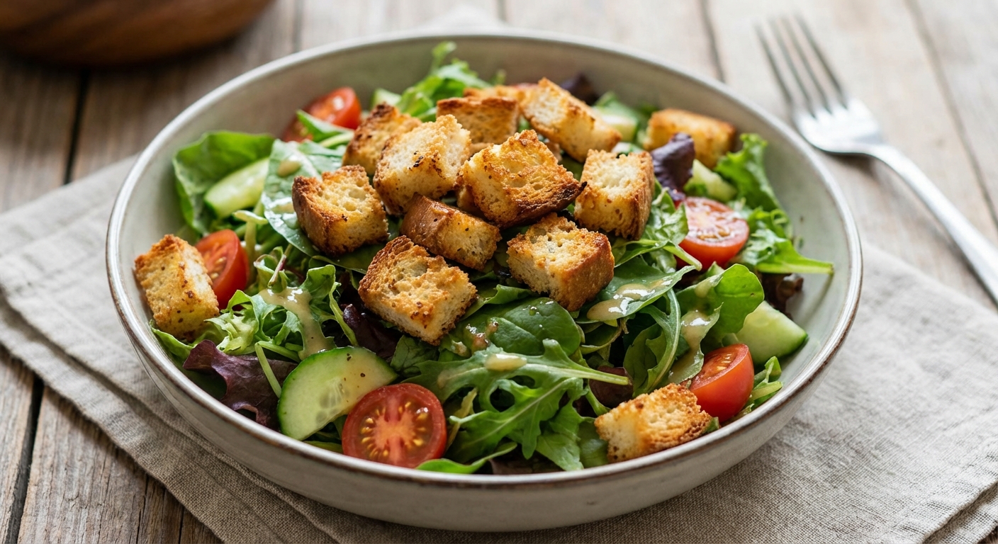 샐러드 위에 올려진 바삭한 크루통