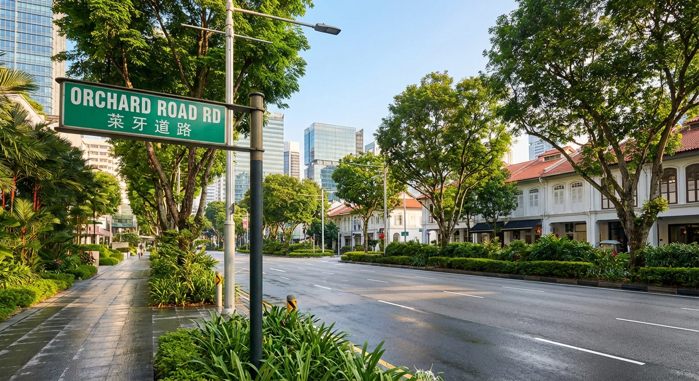 싱가포르 거리 표지판과 청결한 도로