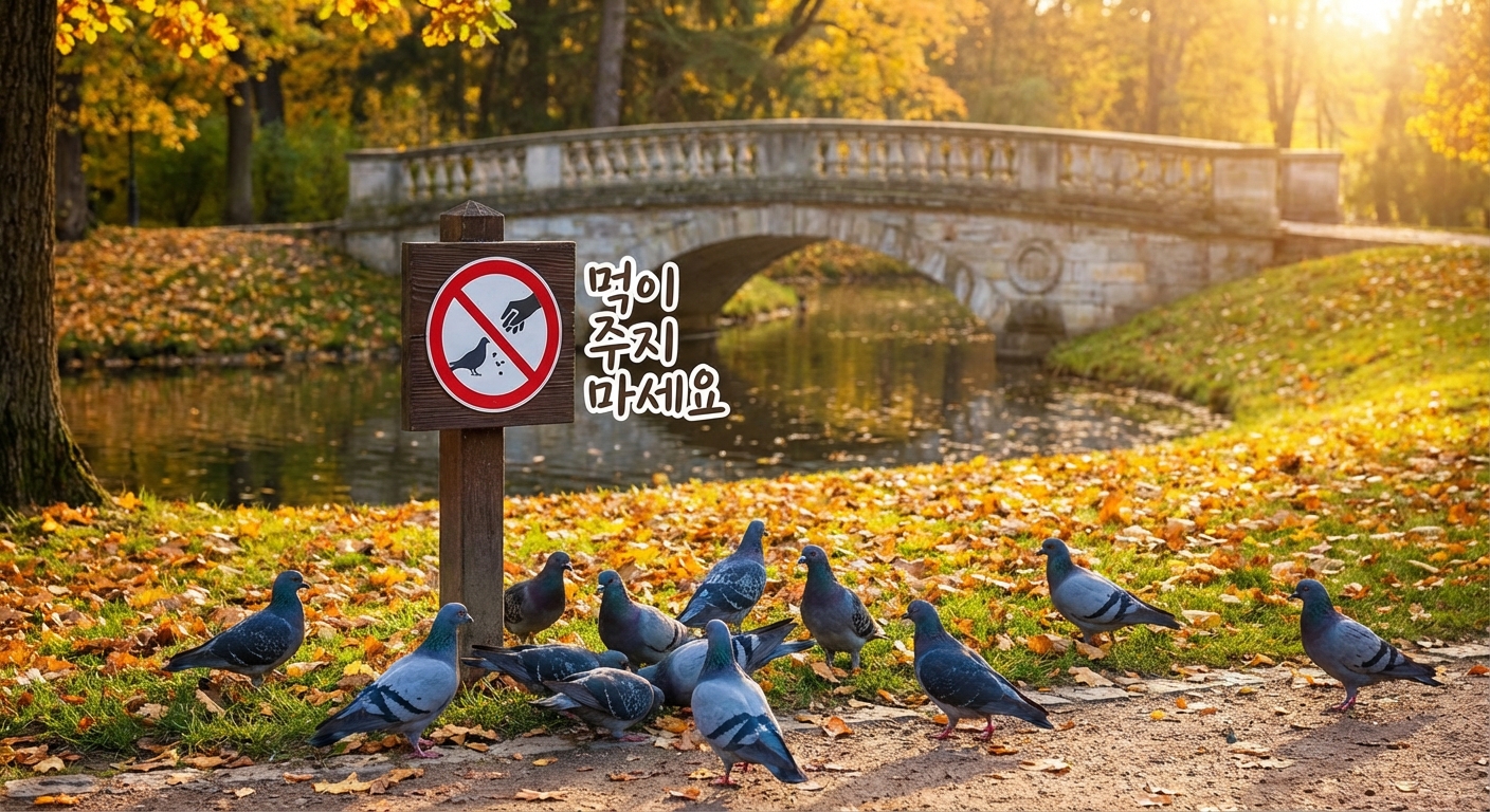 공원의 비둘기와 금지 표지판