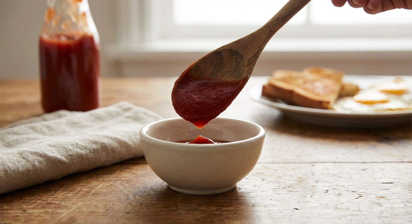 케첩 한 숟가락을 그릇에 덜어놓은 모습