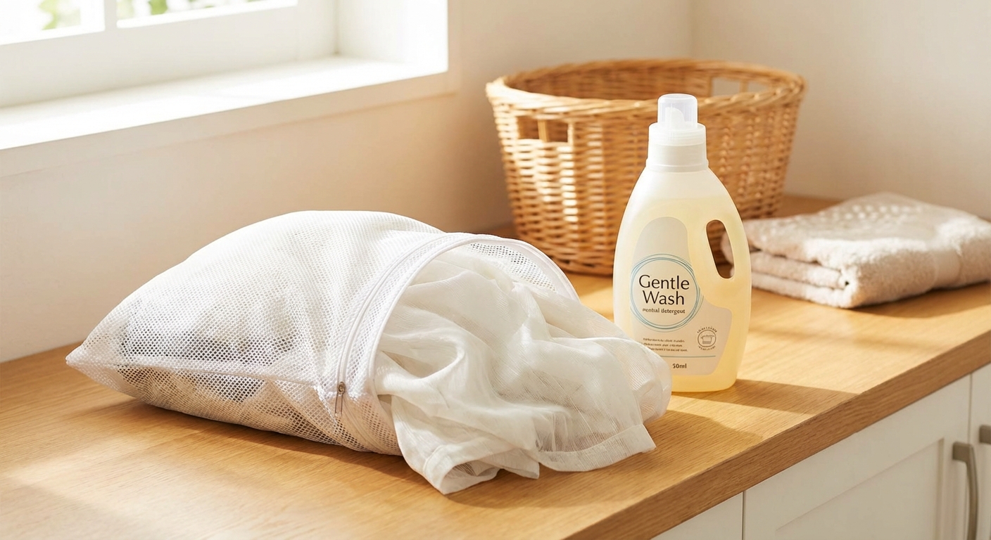 세탁망에 담긴 커튼과 중성 세제