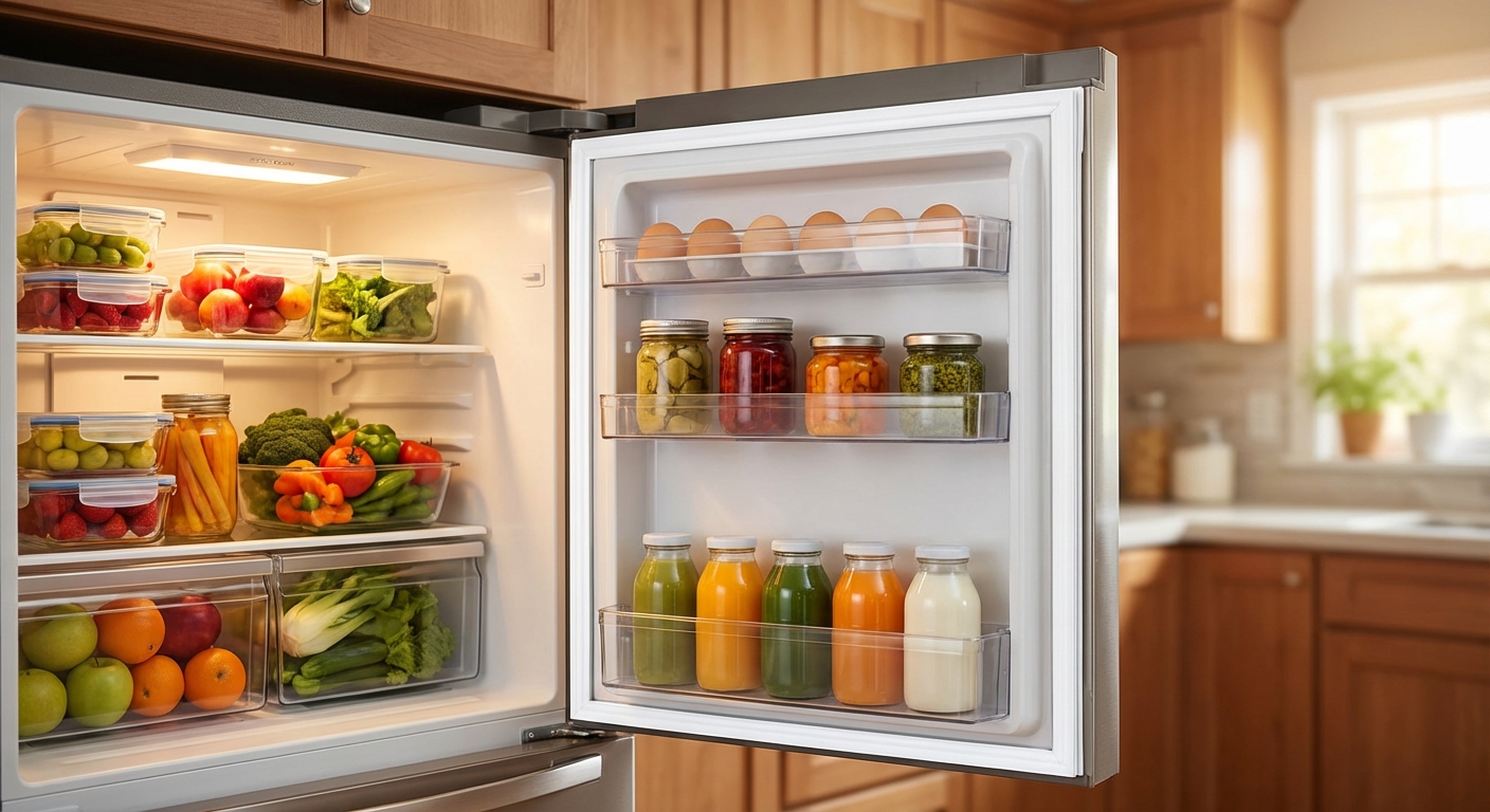 깨끗해진 냉장고 패킹과 정리된 냉장고 내부