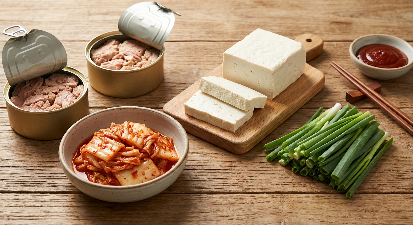 참치캔, 김치, 두부, 대파 등 재료가 정갈하게 놓인 모습