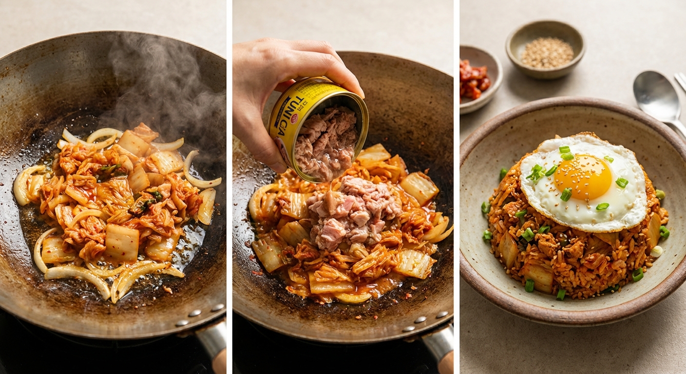 냄비에서 김치를 볶는 모습과 참치캔을 넣는 단계별 과정