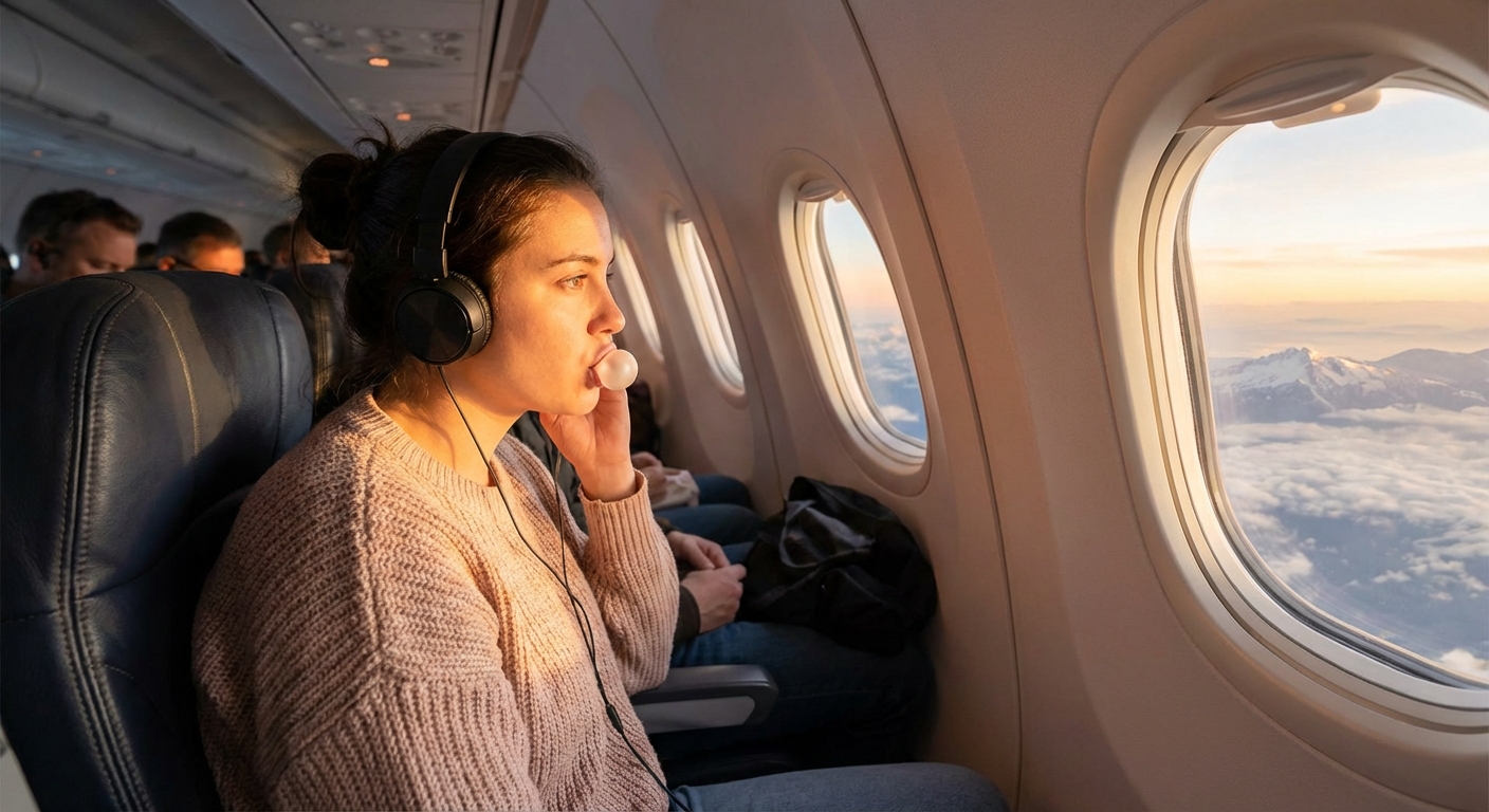 비행기 기내에서 껌을 씹는 여행자