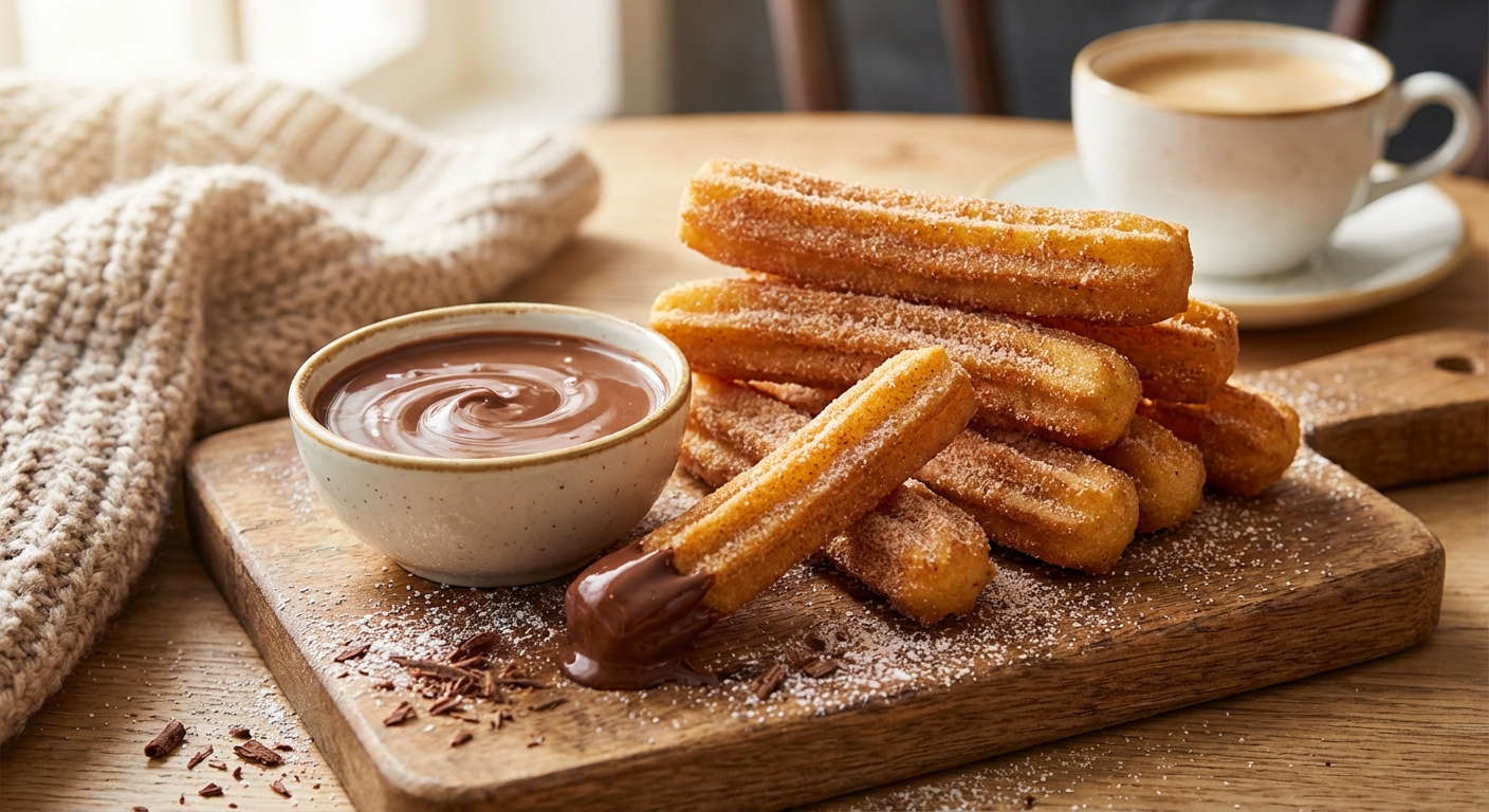 완성된 츄로스와 초콜릿 소스