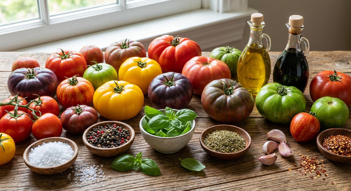 다양한 토마토 품종과 조미료