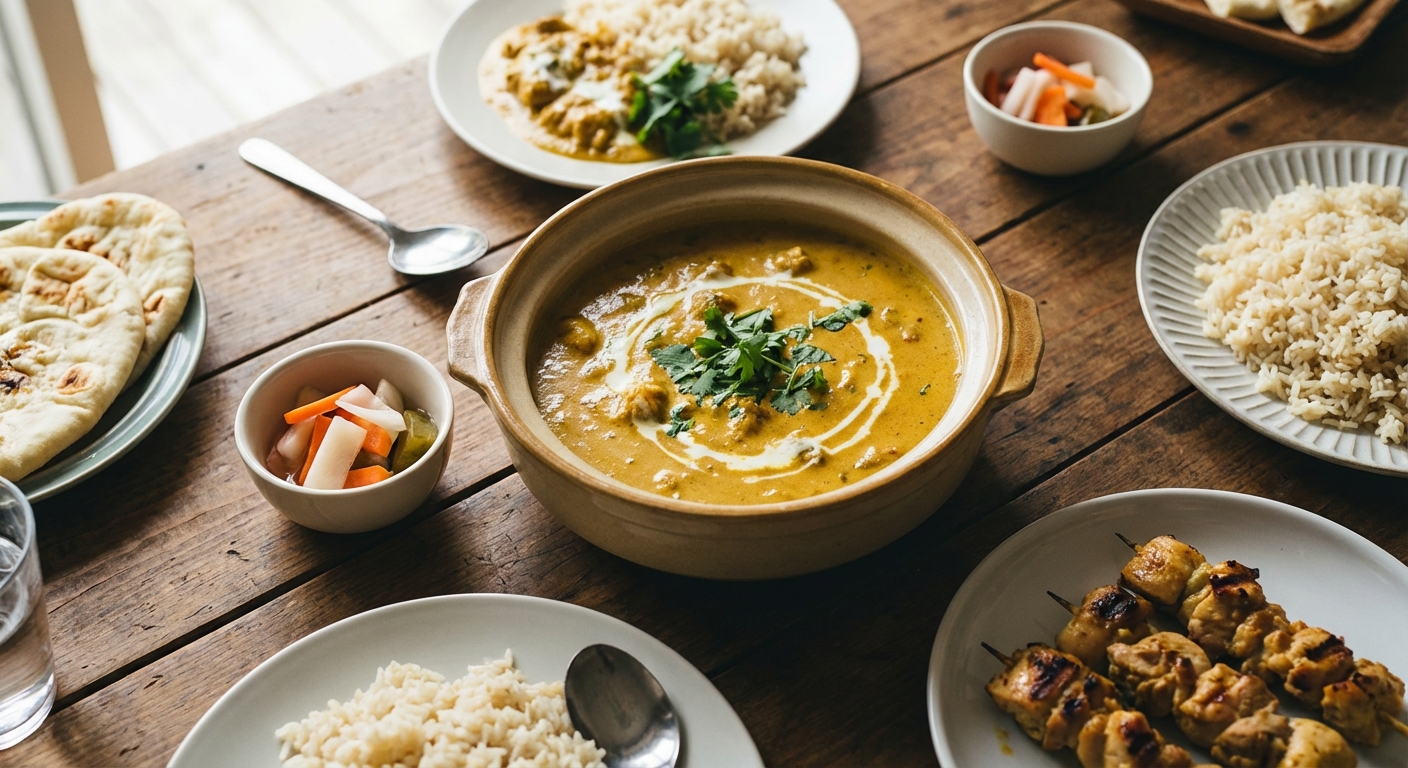 홈파티 테이블에 차려진 부드러운 카레