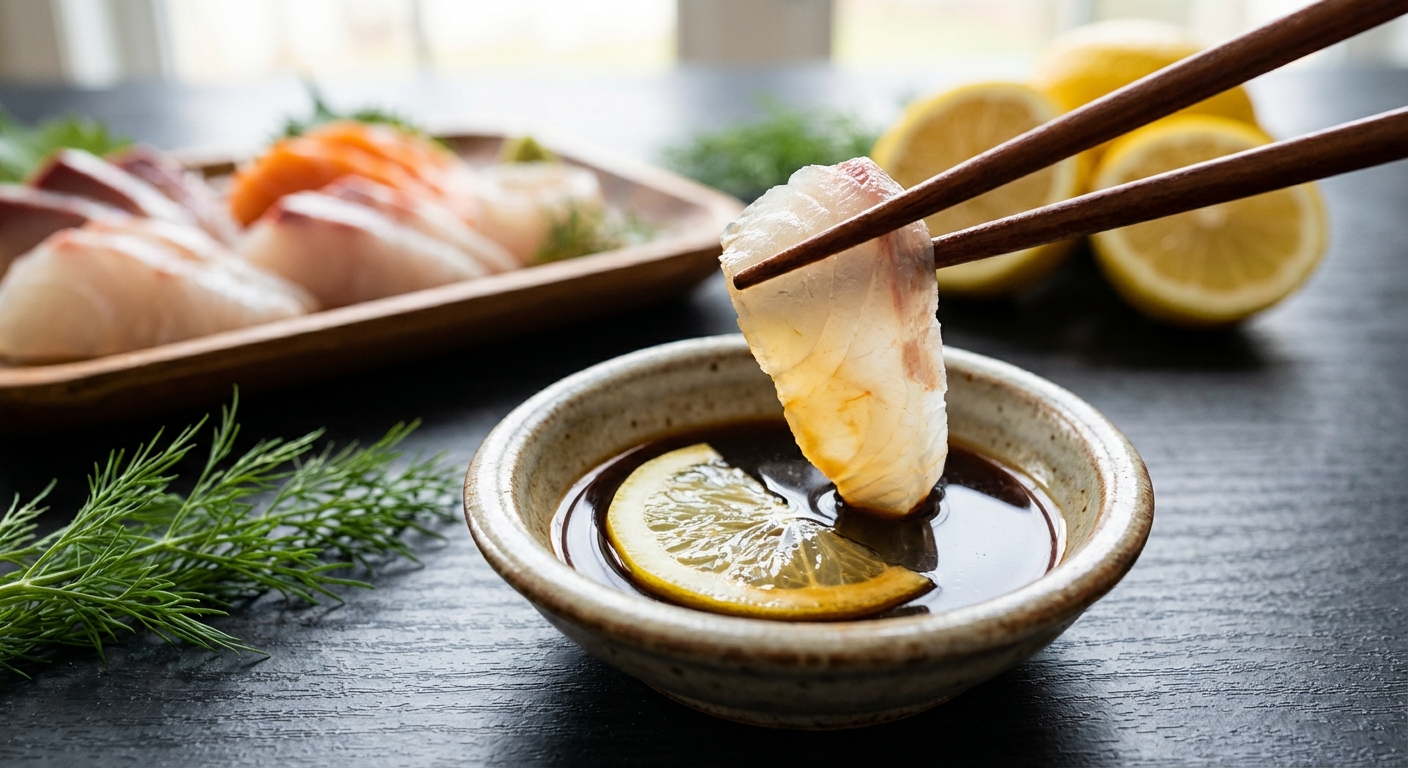 레몬이 섞인 간장과 회를 찍는 모습