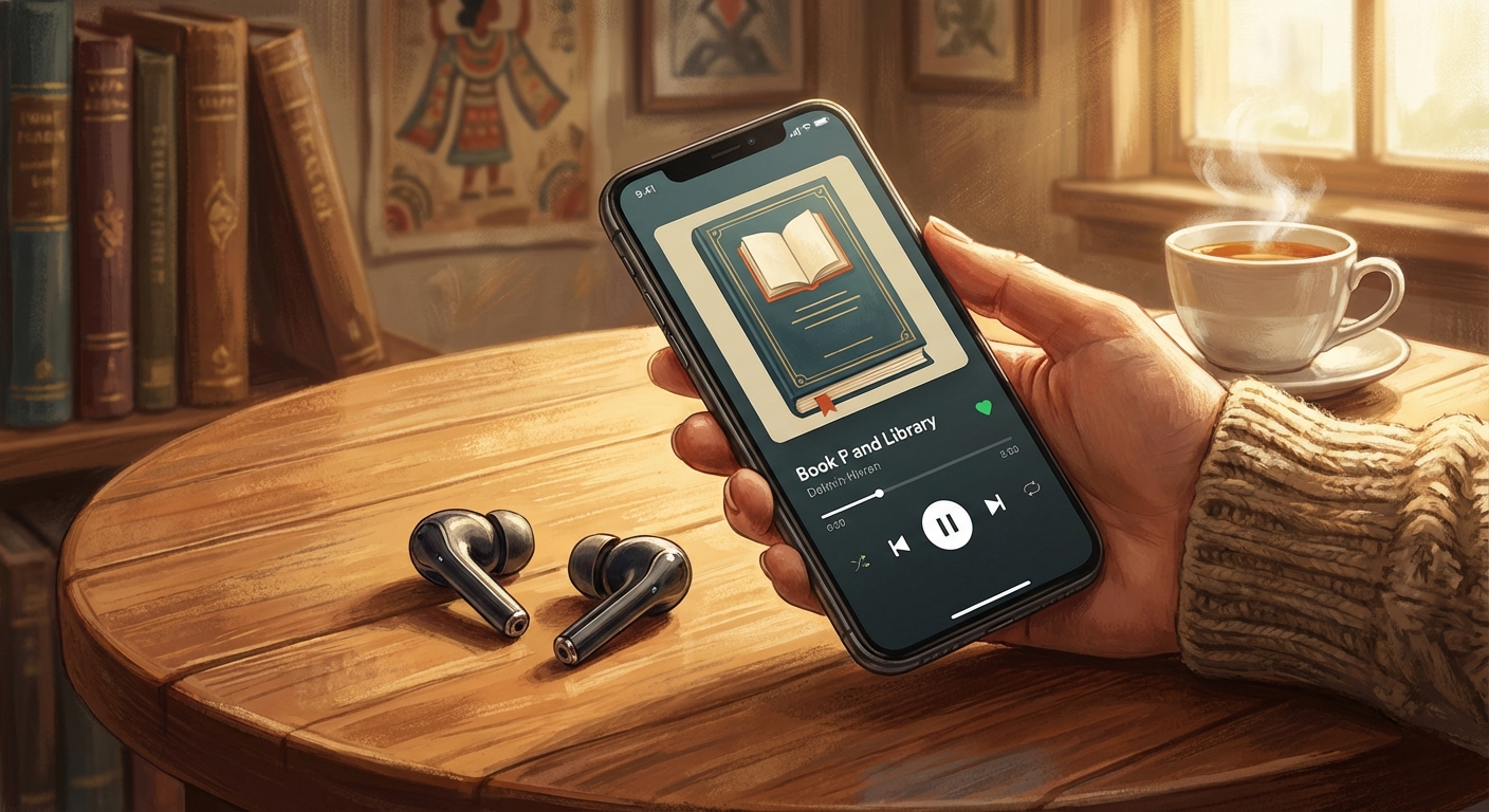 블루투스 이어폰과 스마트폰으로 오디오북 듣는 모습