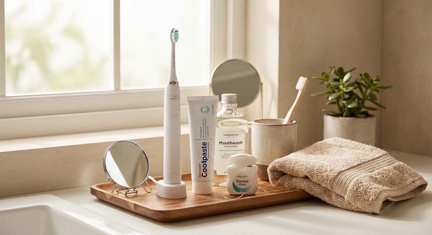 세면대 위 구강 관리 제품들