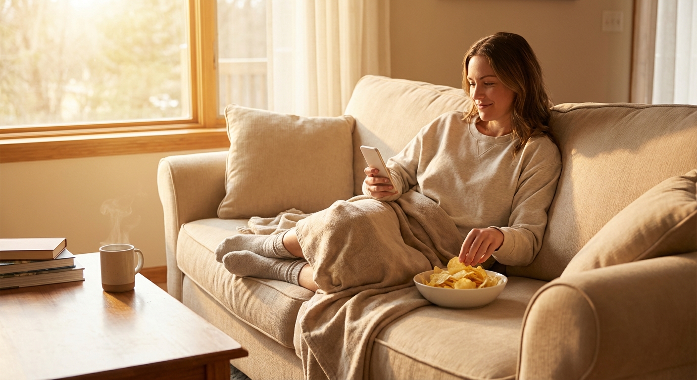 소파에 누워 과자를 먹으며 스마트폰을 보는 모습