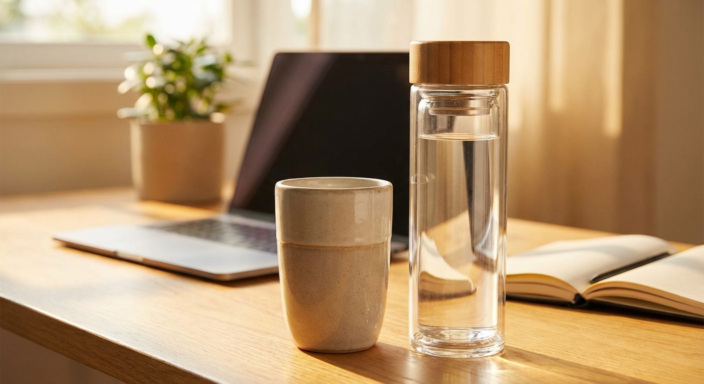 책상 위 텀블러와 물병