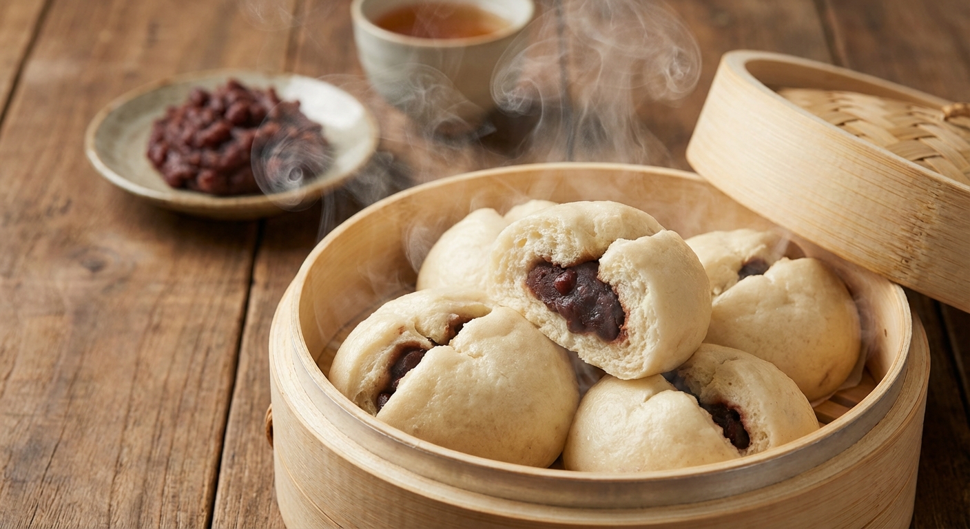 찜기에서 김이 오르는 단팥빵