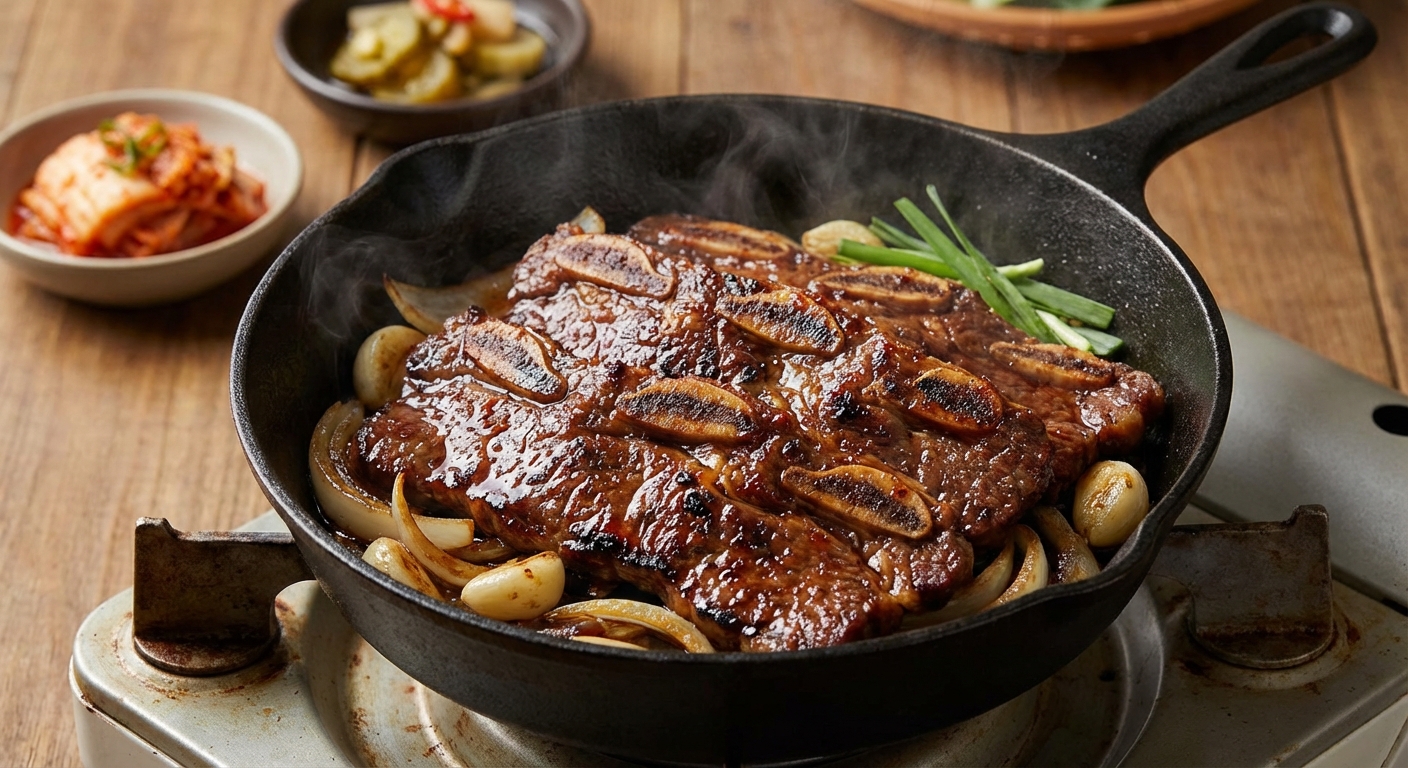 팬에서 굽고 있는 양념갈비