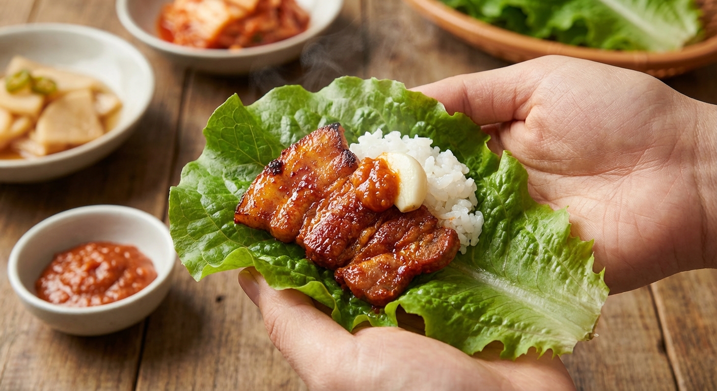 상추에 싼 고추장 삼겹살과 밥