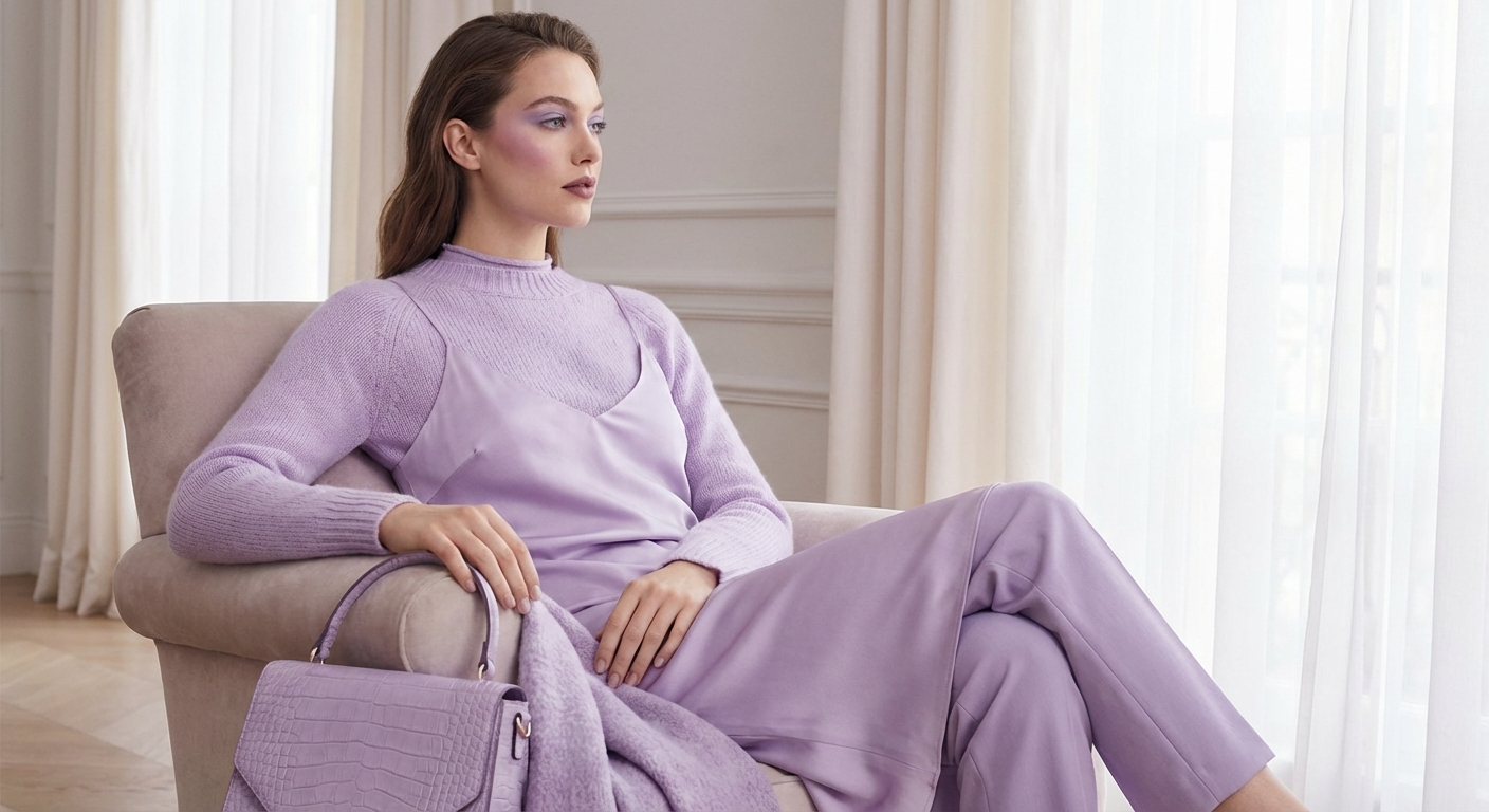 라벤더 컬러 메이크업 및 의상 코디 예시