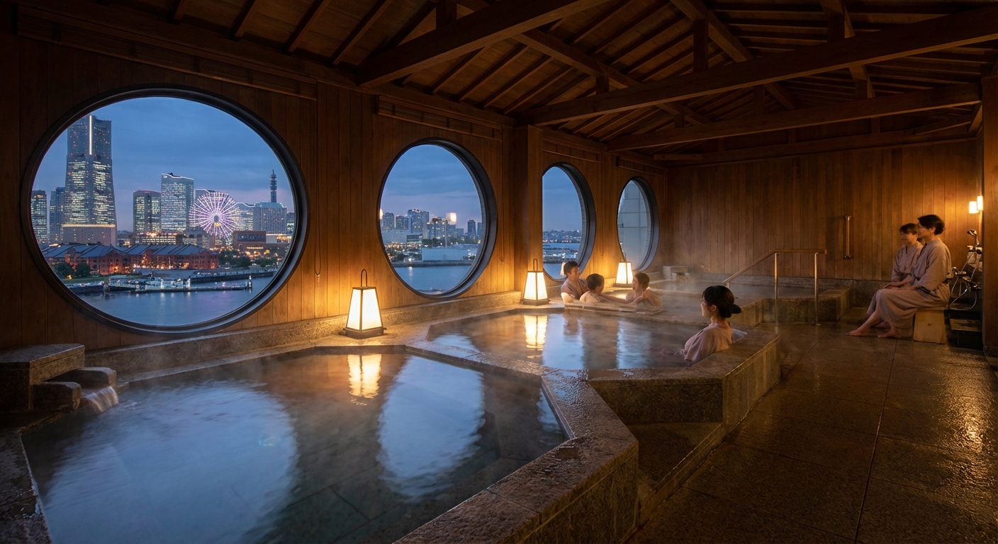 라쿠아 온천 내부와 야경