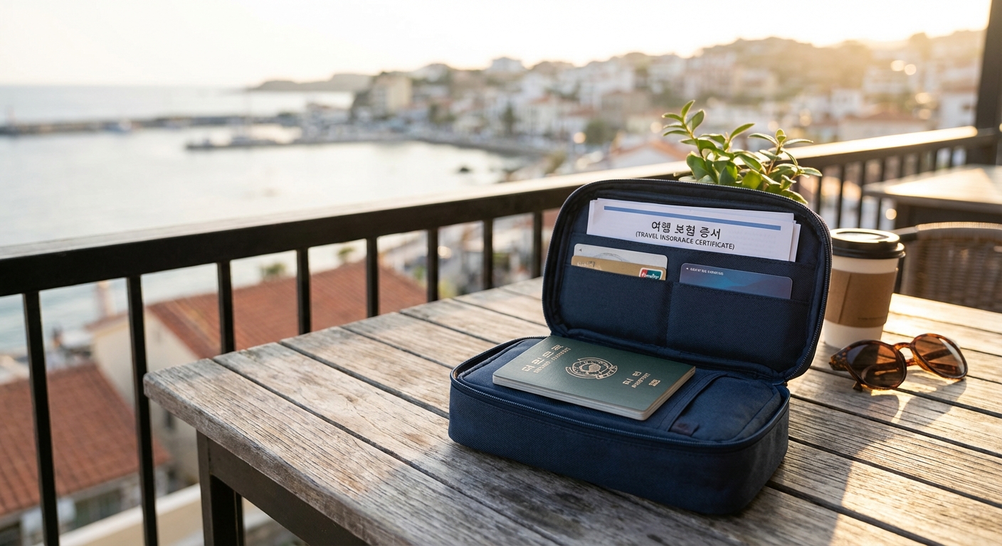 여권, 카드, 여행 보험 서류가 정리된 안전 파우치
