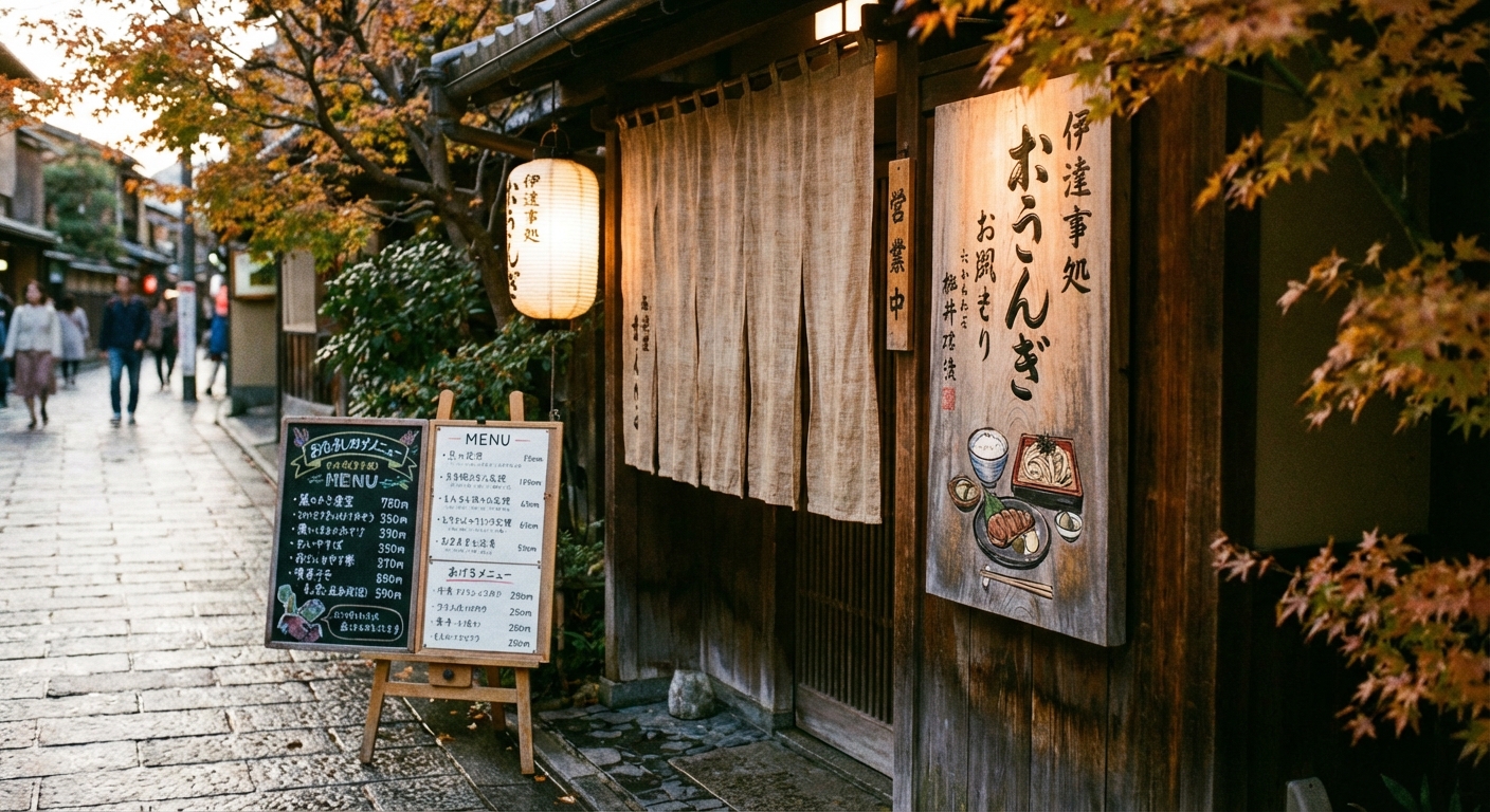 일본 식당 입구와 메뉴판