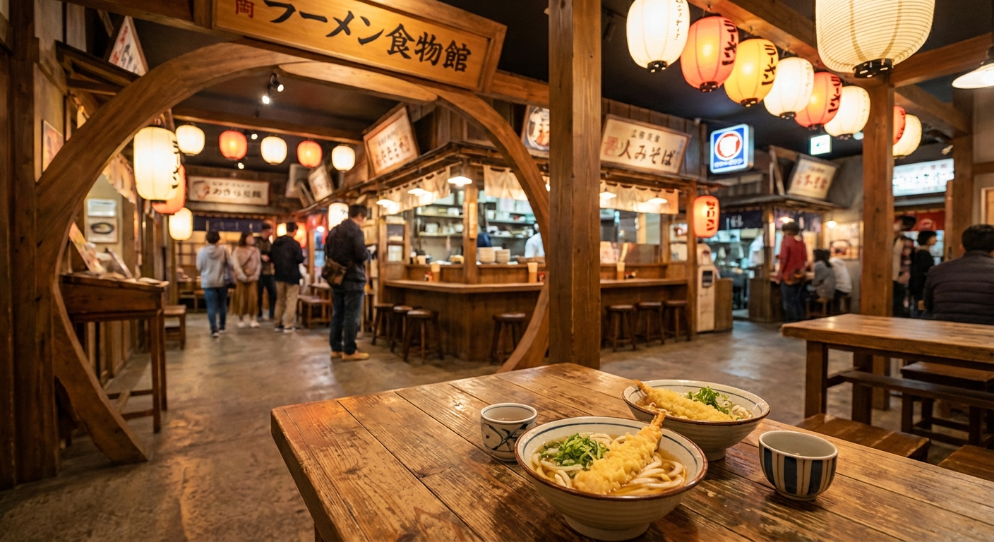 라멘 박물관 내부 모습과 우동 요리