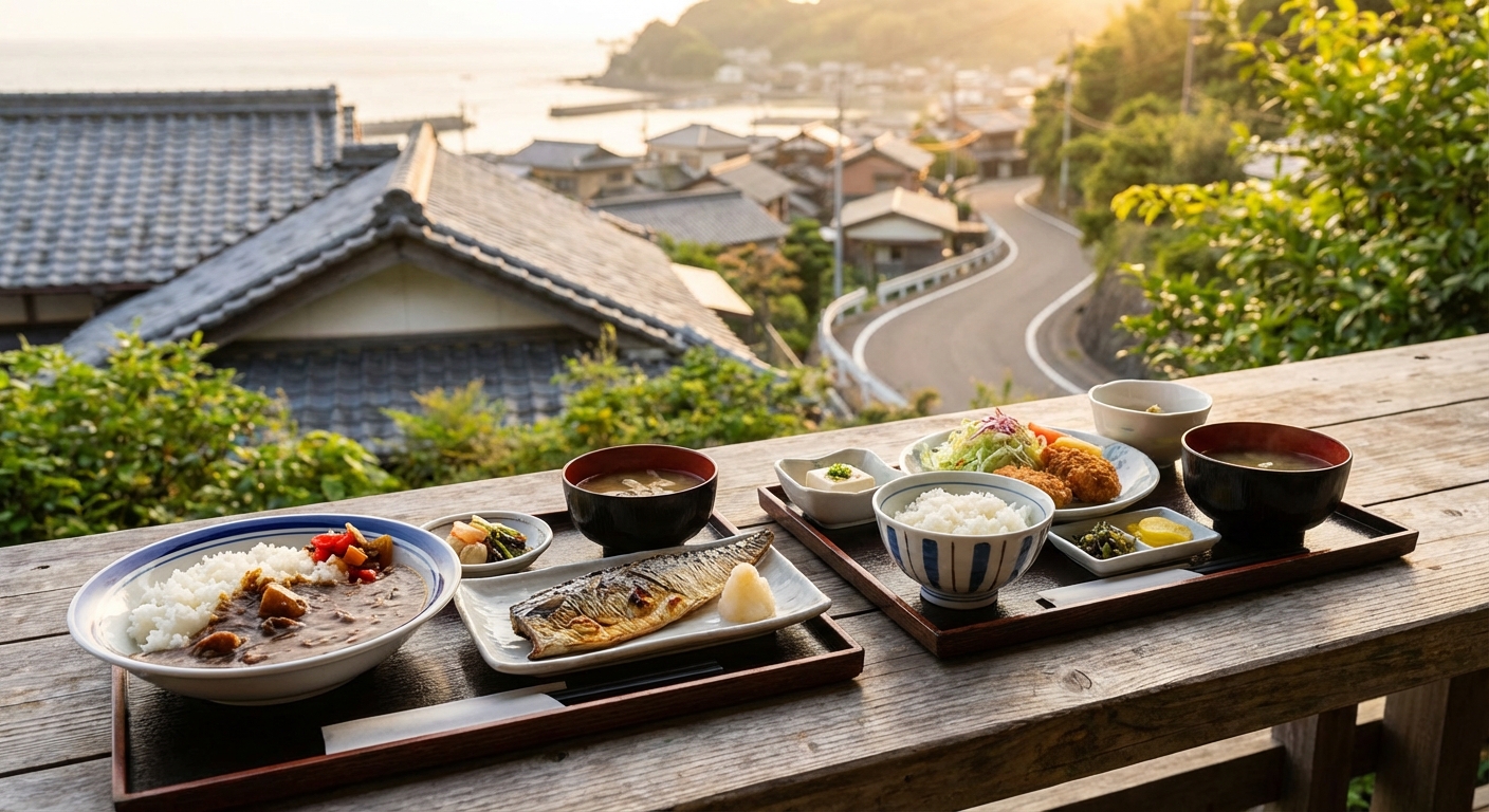 카레 정식과 생선구이 세트