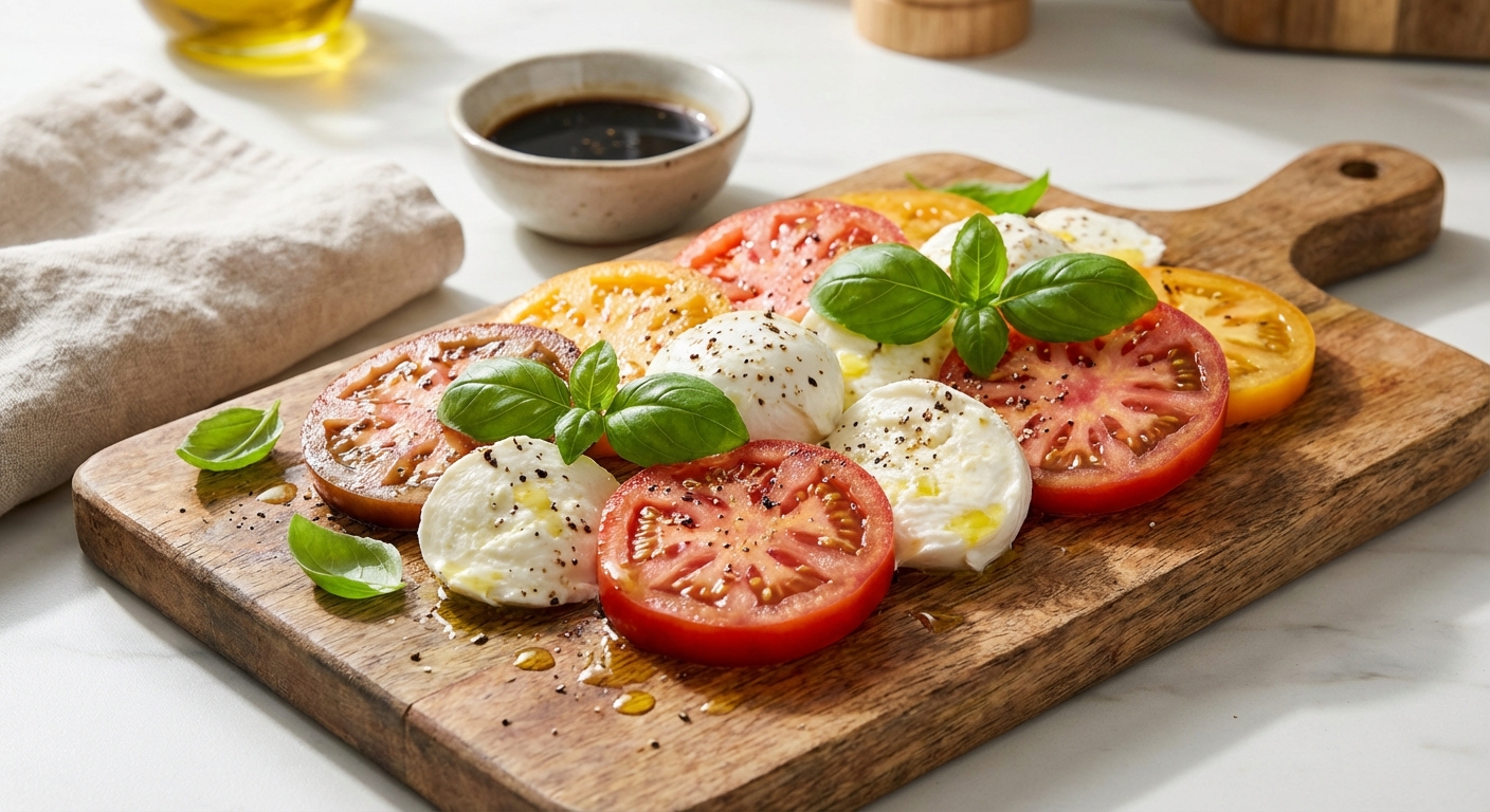 신선한 토마토와 모차렐라 치즈, 바질 잎