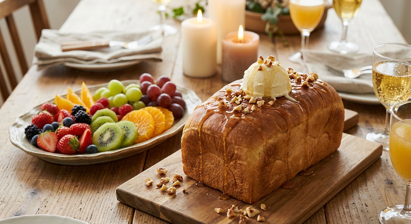 홈파티 테이블에 올려진 허니브레드와 과일