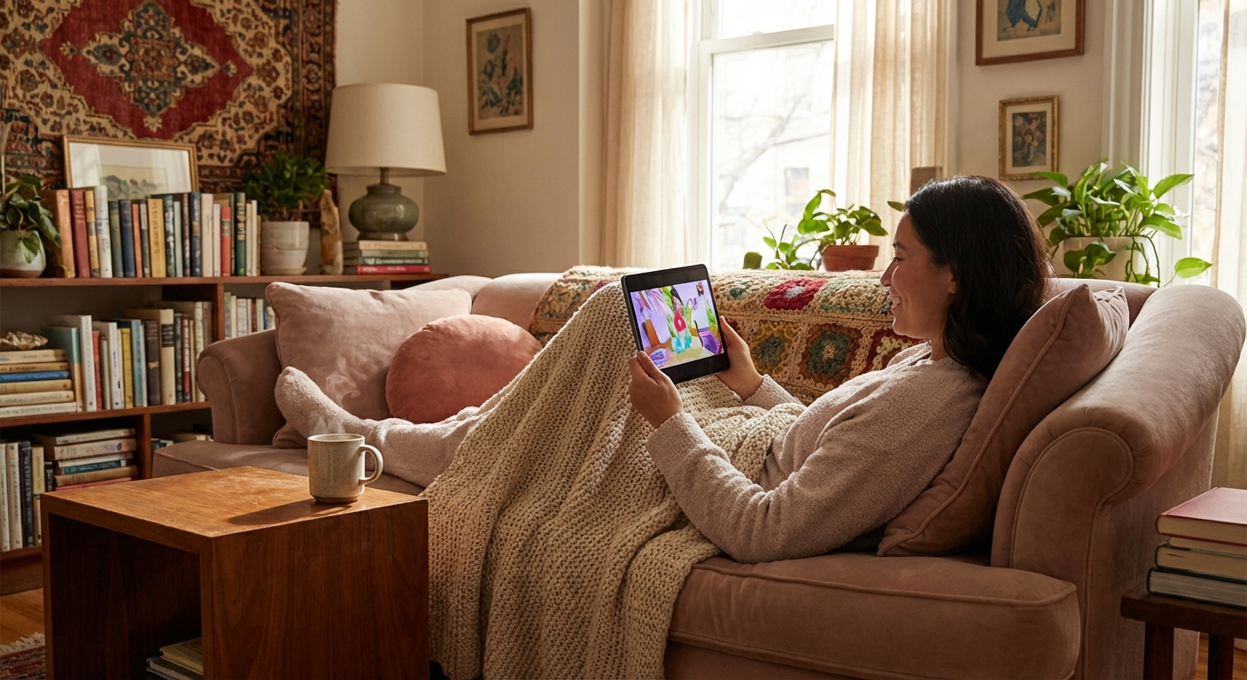 편안한 집에서 태블릿으로 콘텐츠를 즐기는 모습