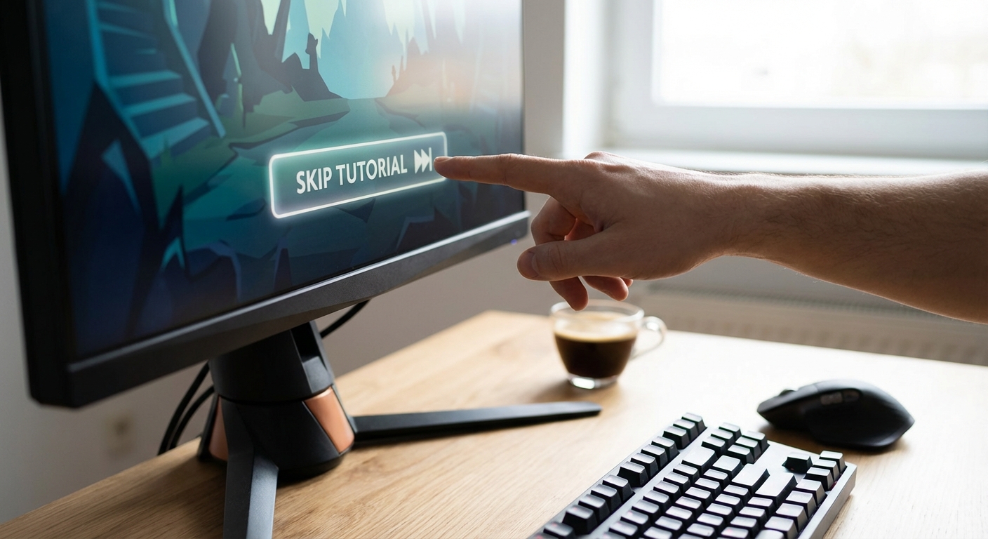 게임 튜토리얼 스킵 버튼을 누르는 손