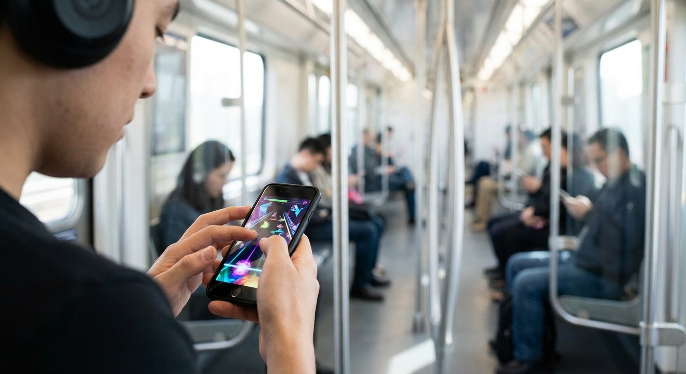 지하철에서 리듬게임을 즐기는 모습