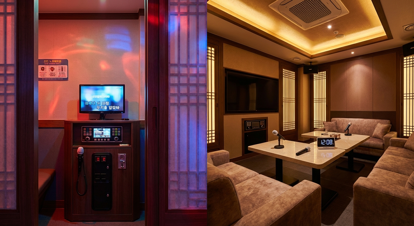 코인노래방 부스 내부와 시간제 노래방 룸 비교