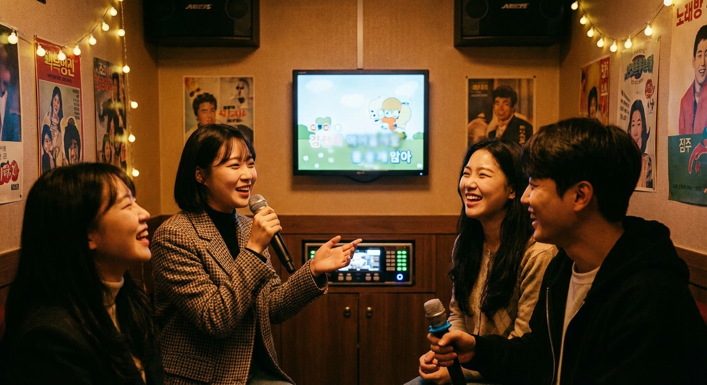 친구들과 시간제 노래방에서 즐기는 모습
