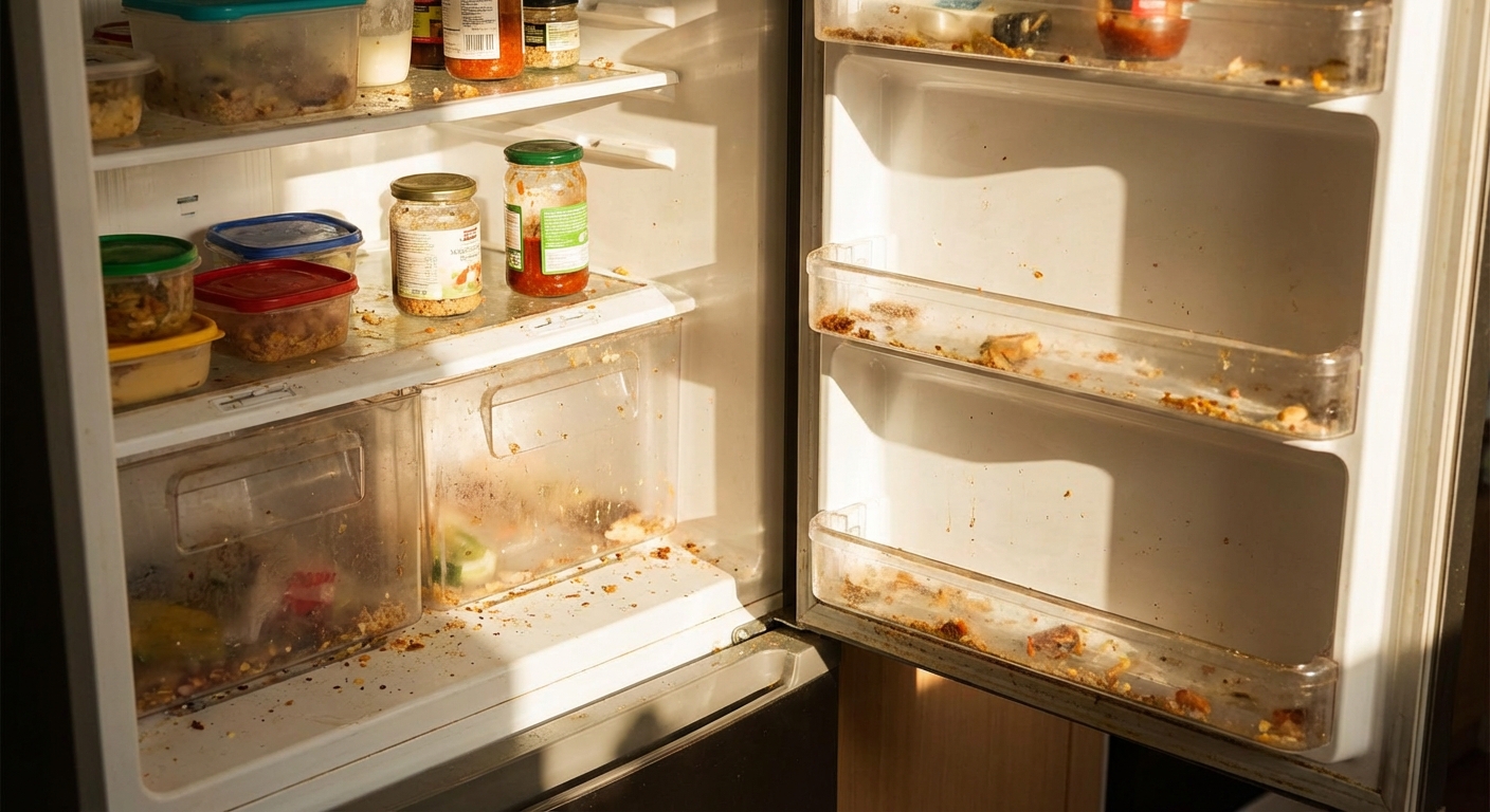 냉장고 내부 구석구석 음식물 찌꺼기가 낀 모습