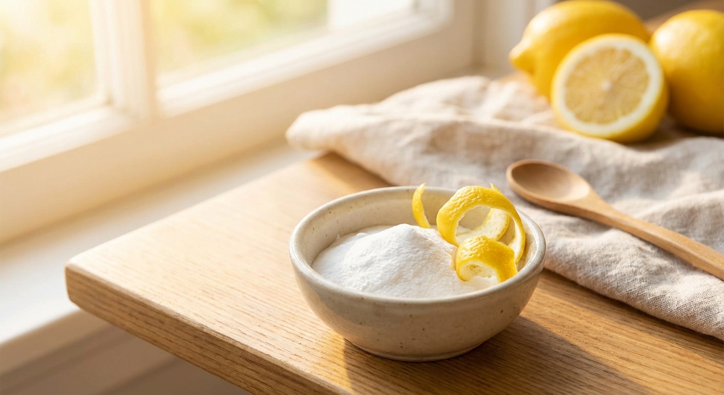 베이킹소다와 레몬 껍질이 담긴 작은 접시