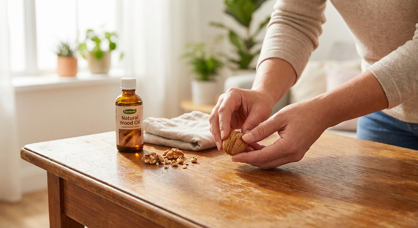 나무 가구에 호두를 비비는 과정