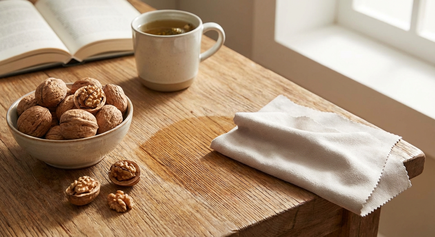 호두와 깨끗해진 나무 테이블 표면