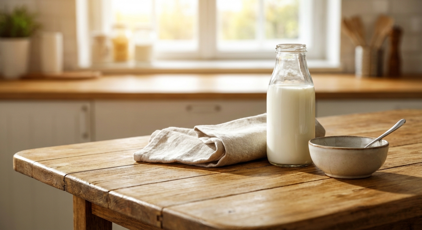 우유와 천을 준비한 모습